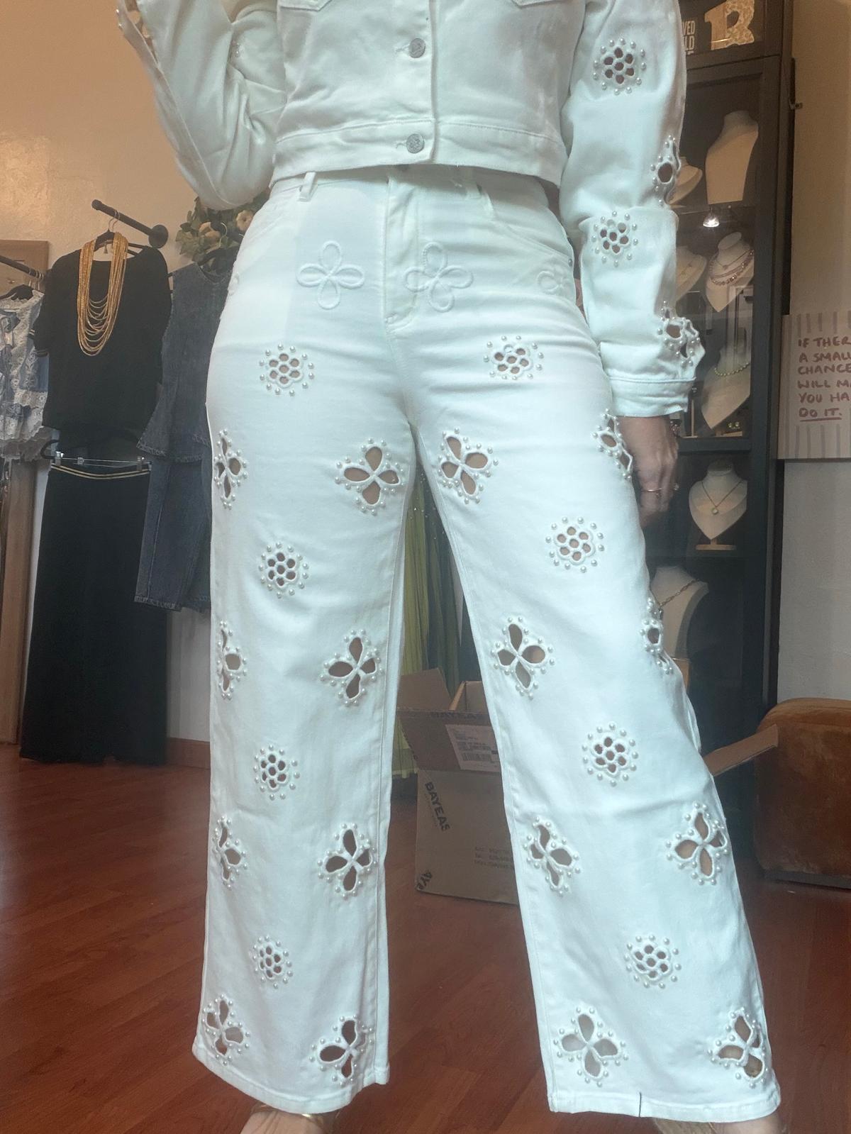 White Embroidered Jeans