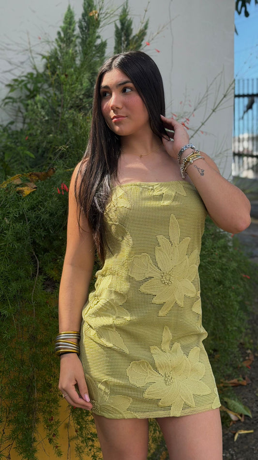 Green Flowers Crochet Dress