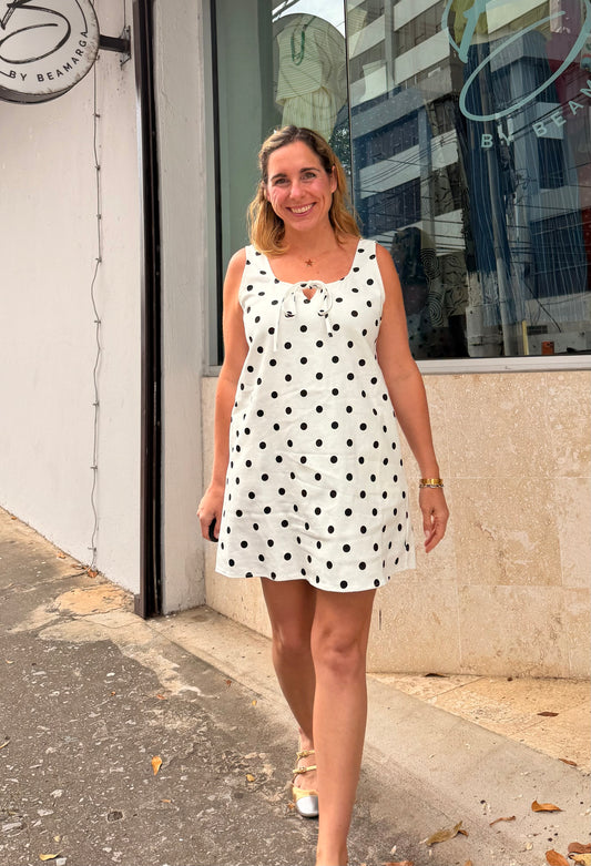 Polka dot denim short dress