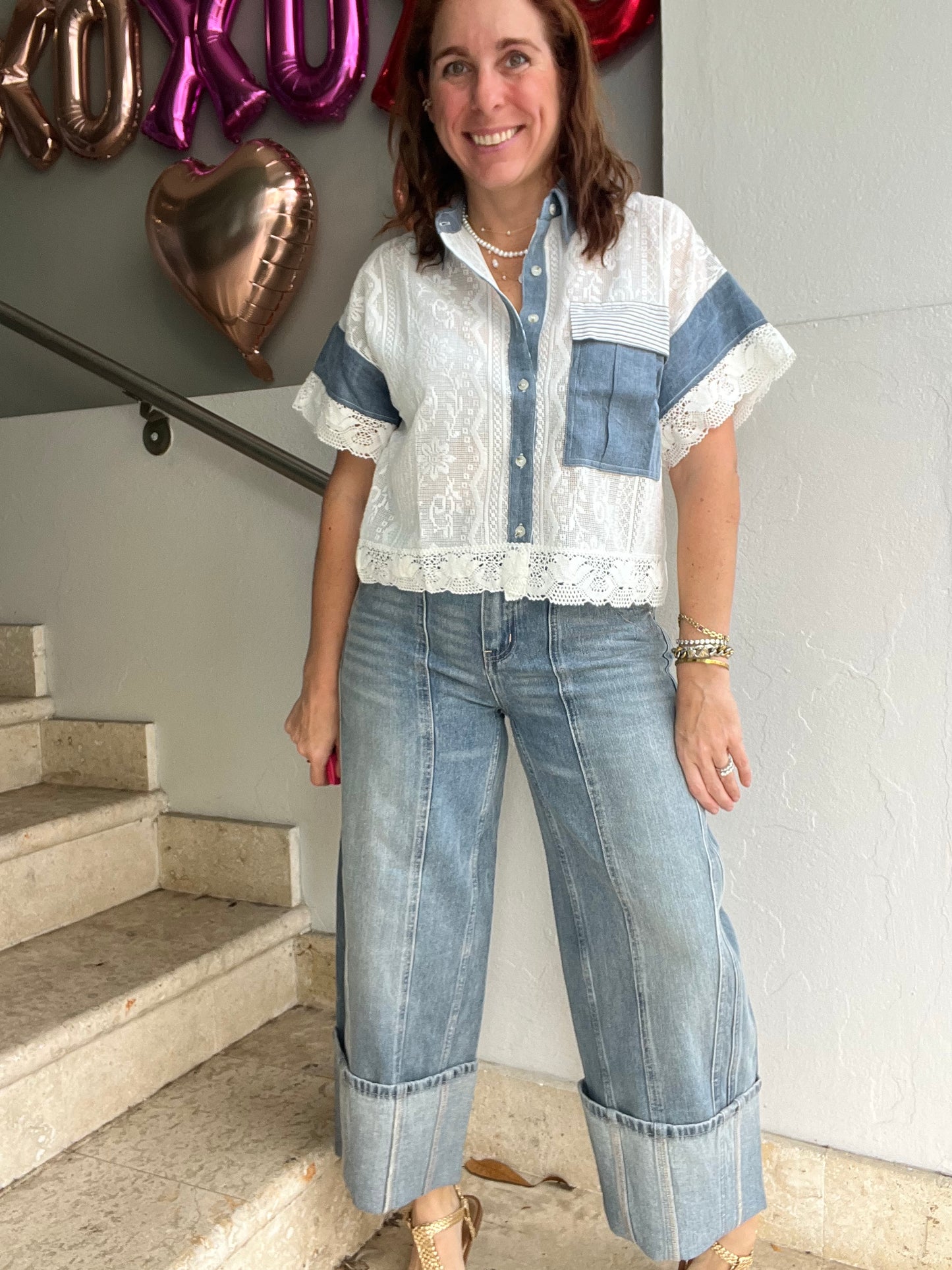 Lace denim top