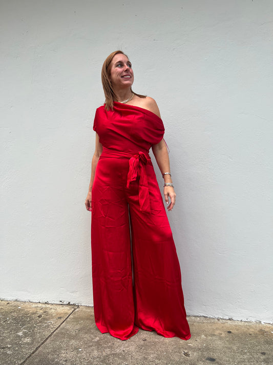 Satin red jumpsuit